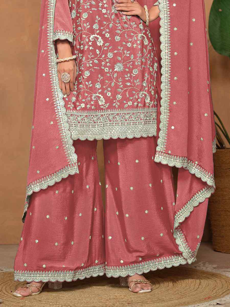 Peach Chinon Embroidered Festival Wedding Palazzo Pant Salwar Kameez