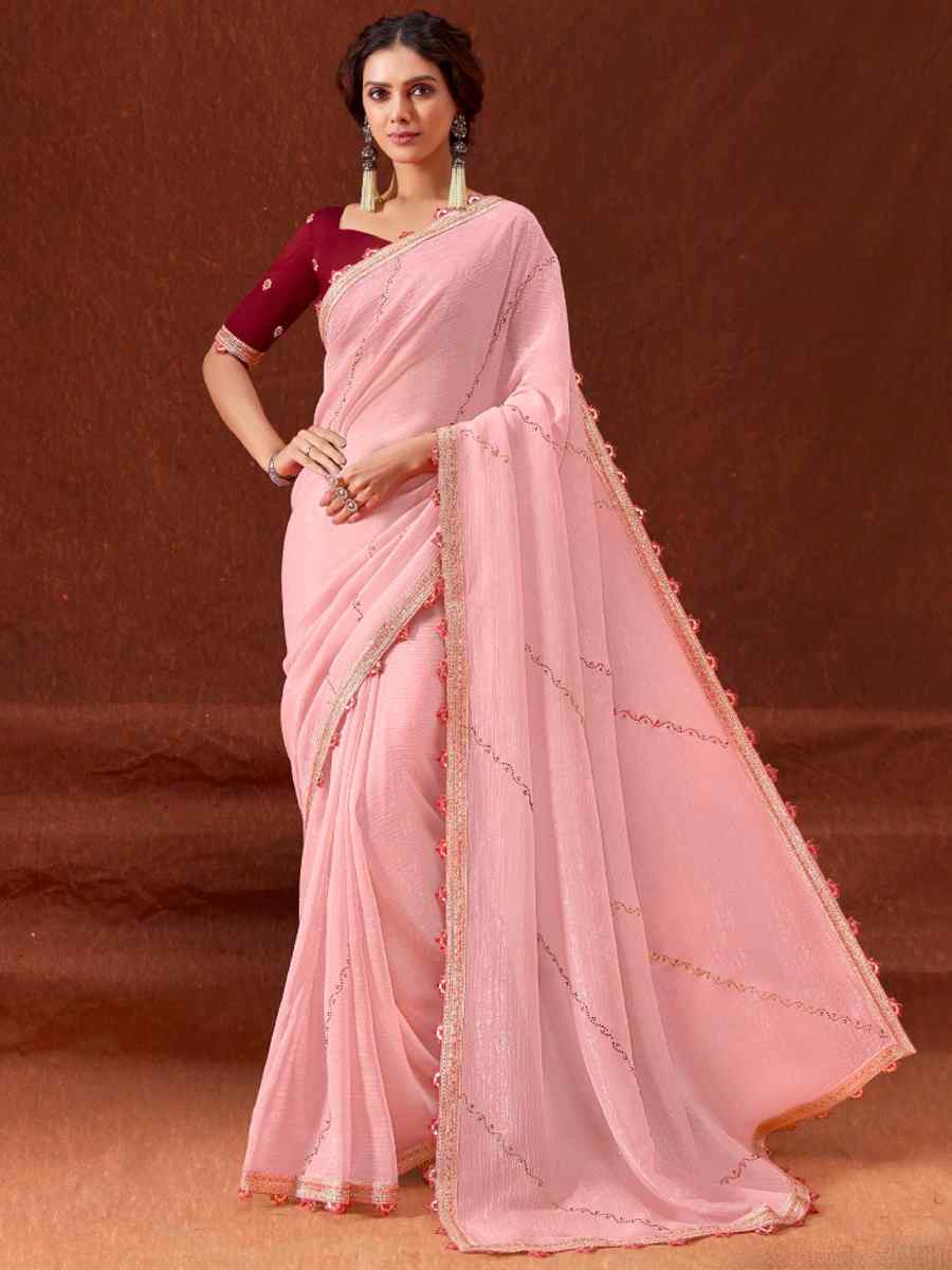 Peach Chinon Embroidered Wedding Festival Heavy Border Saree