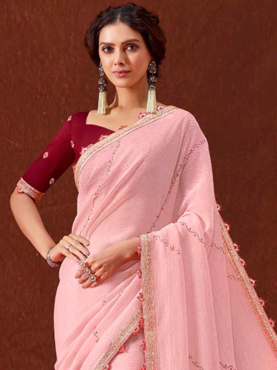 Peach Chinon Embroidered Wedding Festival Heavy Border Saree