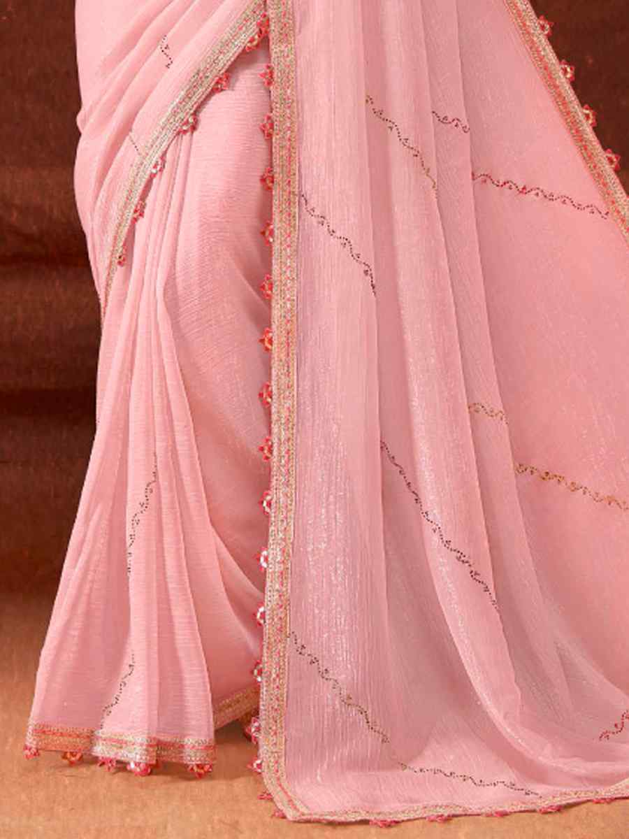 Peach Chinon Embroidered Wedding Festival Heavy Border Saree