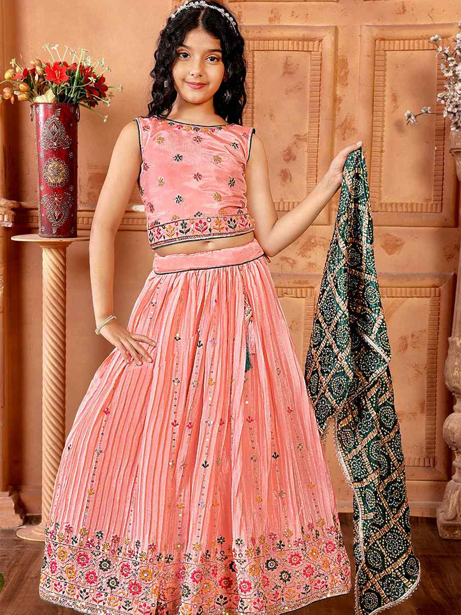 Peach Chinon Embroidered Wedding Festival Lehengas Girls Wear