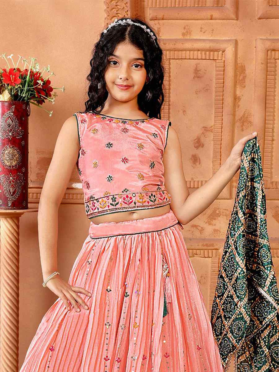 Peach Chinon Embroidered Wedding Festival Lehengas Girls Wear