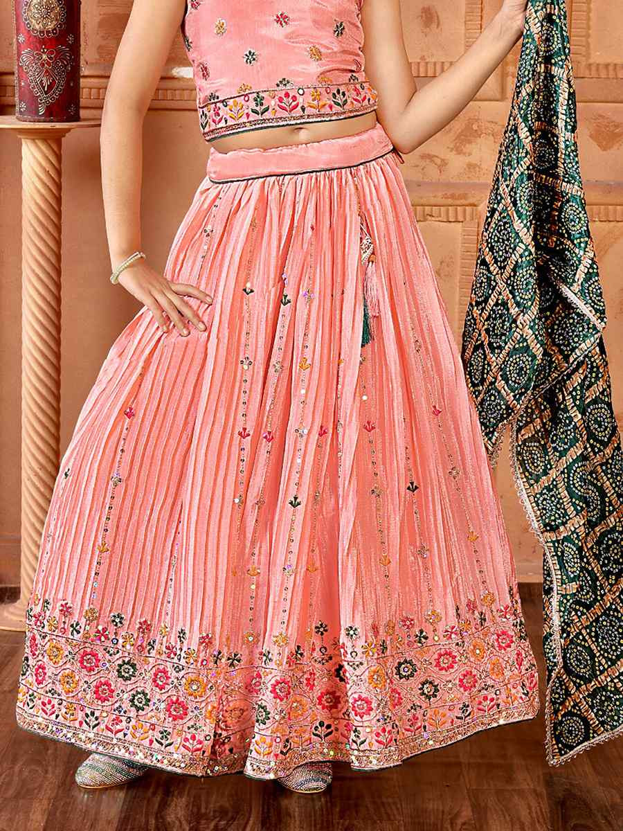 Peach Chinon Embroidered Wedding Festival Lehengas Girls Wear