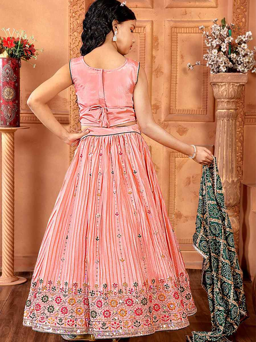 Peach Chinon Embroidered Wedding Festival Lehengas Girls Wear