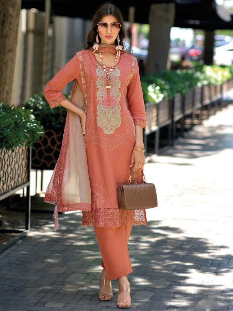 Peach Cotton Embroidered Festival Casual Ready Pant Salwar Kameez