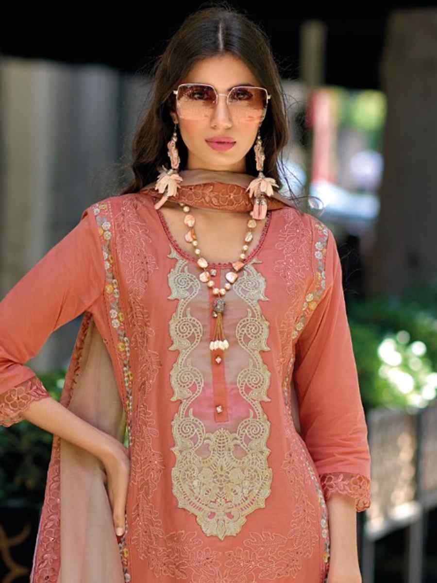 Peach Cotton Embroidered Festival Casual Ready Pant Salwar Kameez