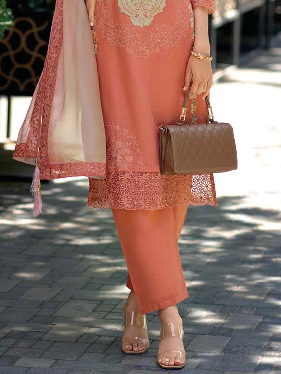 Peach Cotton Embroidered Festival Casual Ready Pant Salwar Kameez