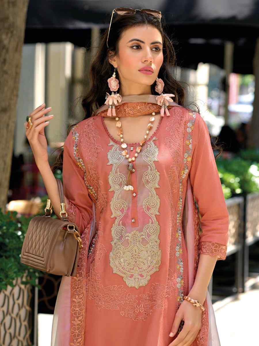 Peach Cotton Embroidered Festival Casual Ready Pant Salwar Kameez