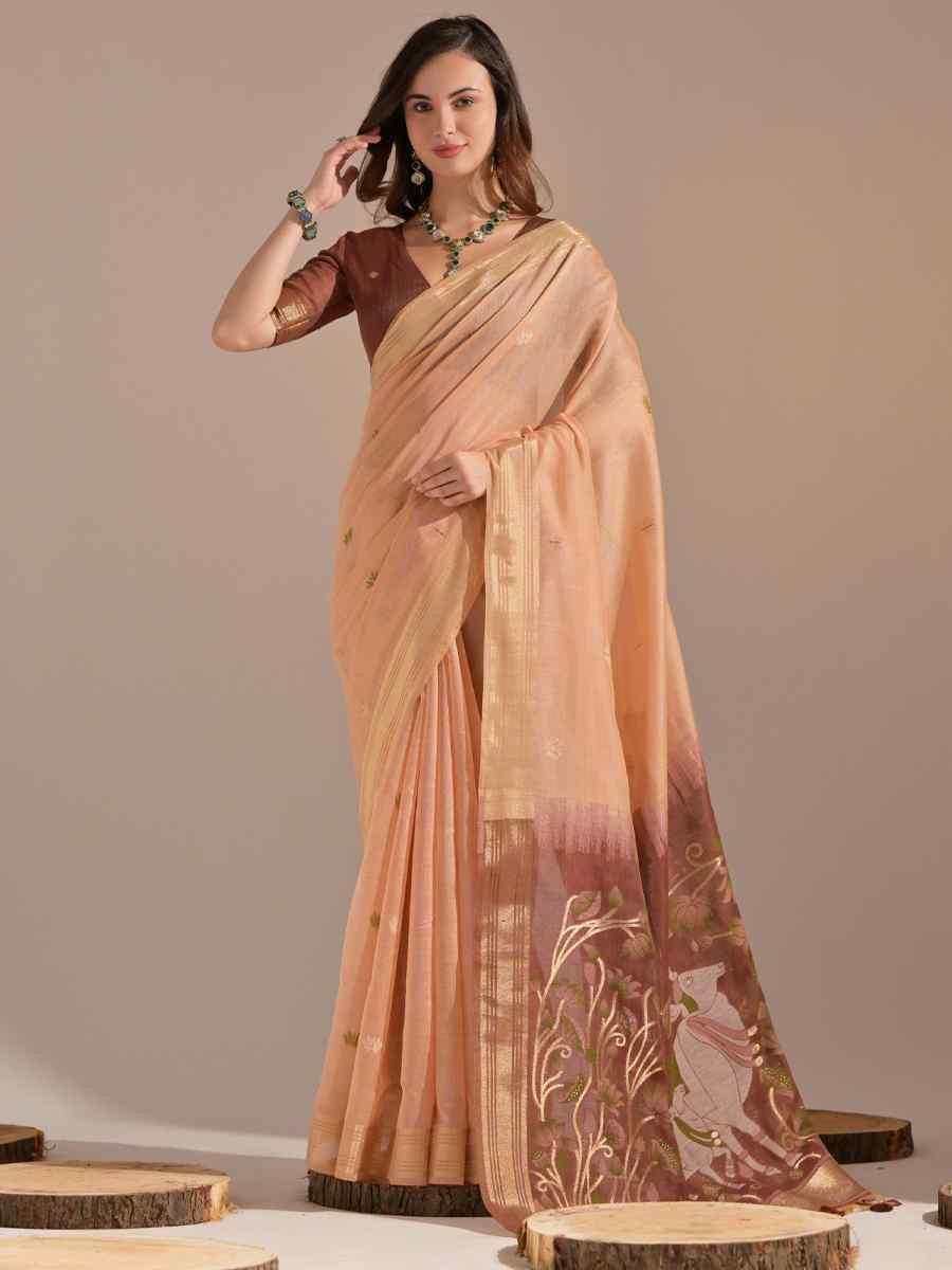 Peach Cotton Handwoven Festival Casual Classic Style Saree