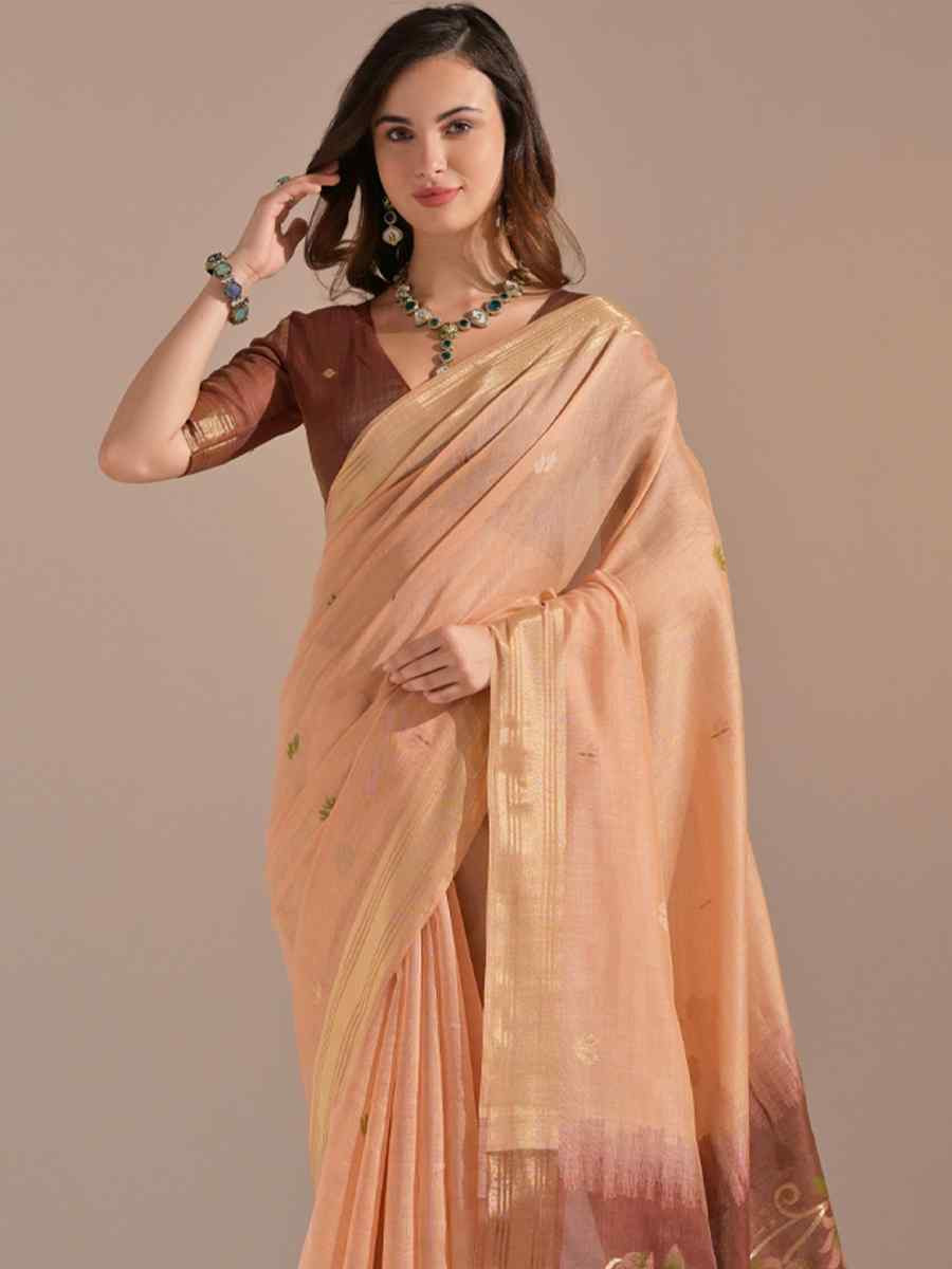 Peach Cotton Handwoven Festival Casual Classic Style Saree