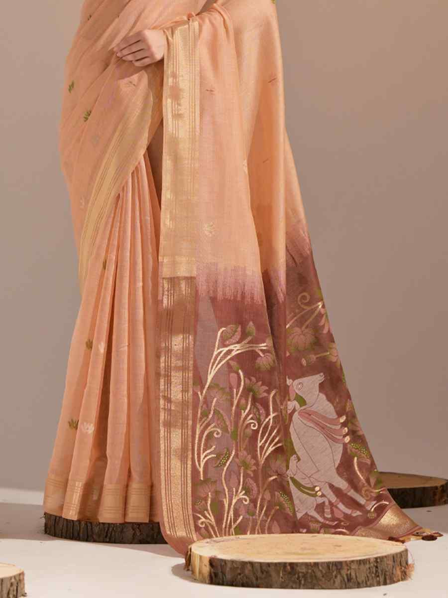 Peach Cotton Handwoven Festival Casual Classic Style Saree