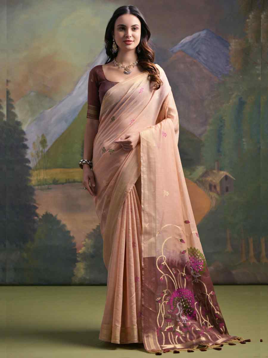 Peach Cotton Handwoven Festival Casual Classic Style Saree