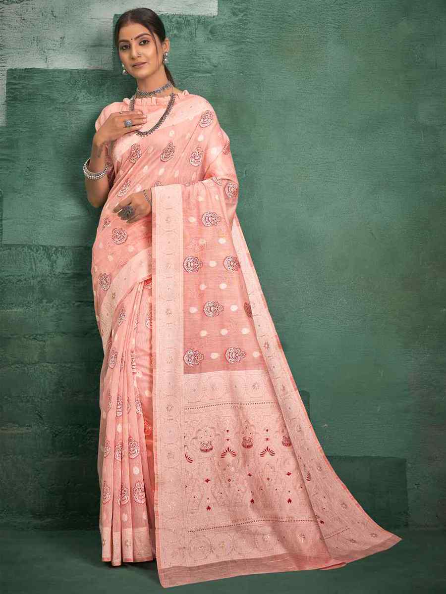 Peach Cotton Handwoven Wedding Festival Heavy Border Saree