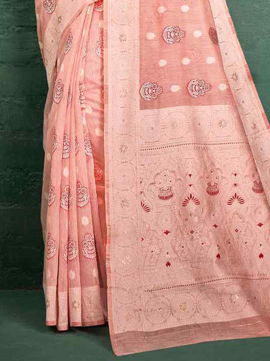 Peach Cotton Handwoven Wedding Festival Heavy Border Saree