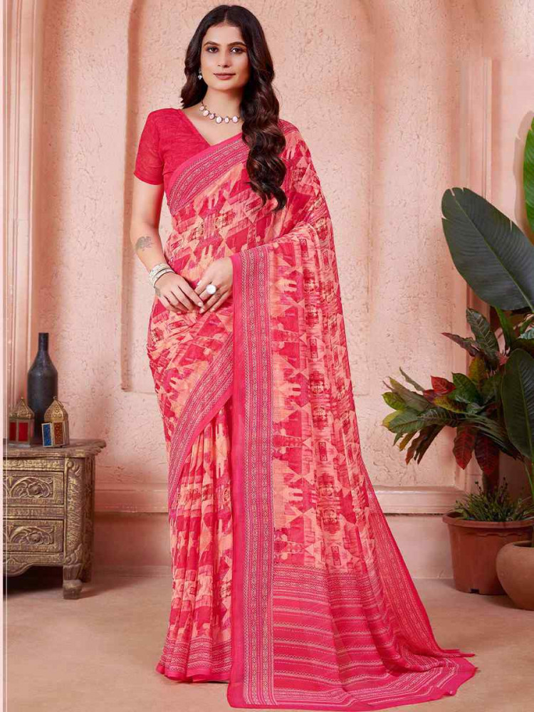 Peach Cotton Printed Festival Casual Contemporary Saree