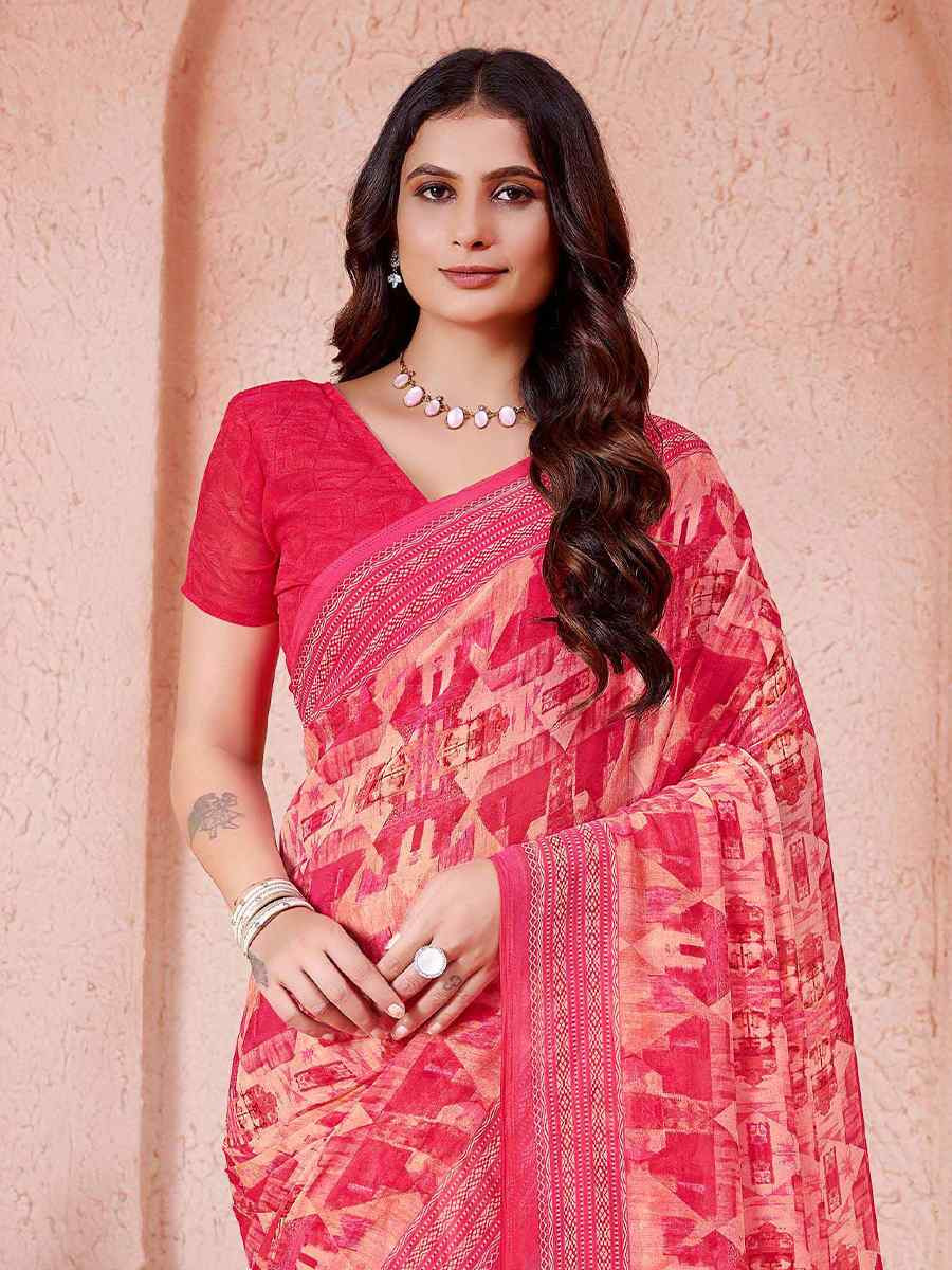 Peach Cotton Printed Festival Casual Contemporary Saree