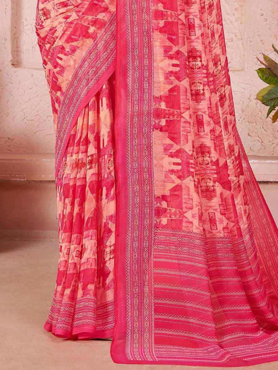 Peach Cotton Printed Festival Casual Contemporary Saree