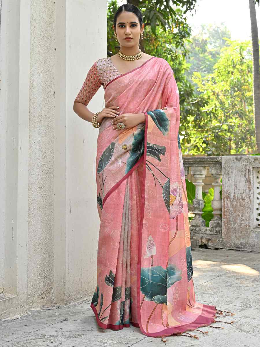 Peach Cotton Silk Printed Festival Casual Contemporary Saree