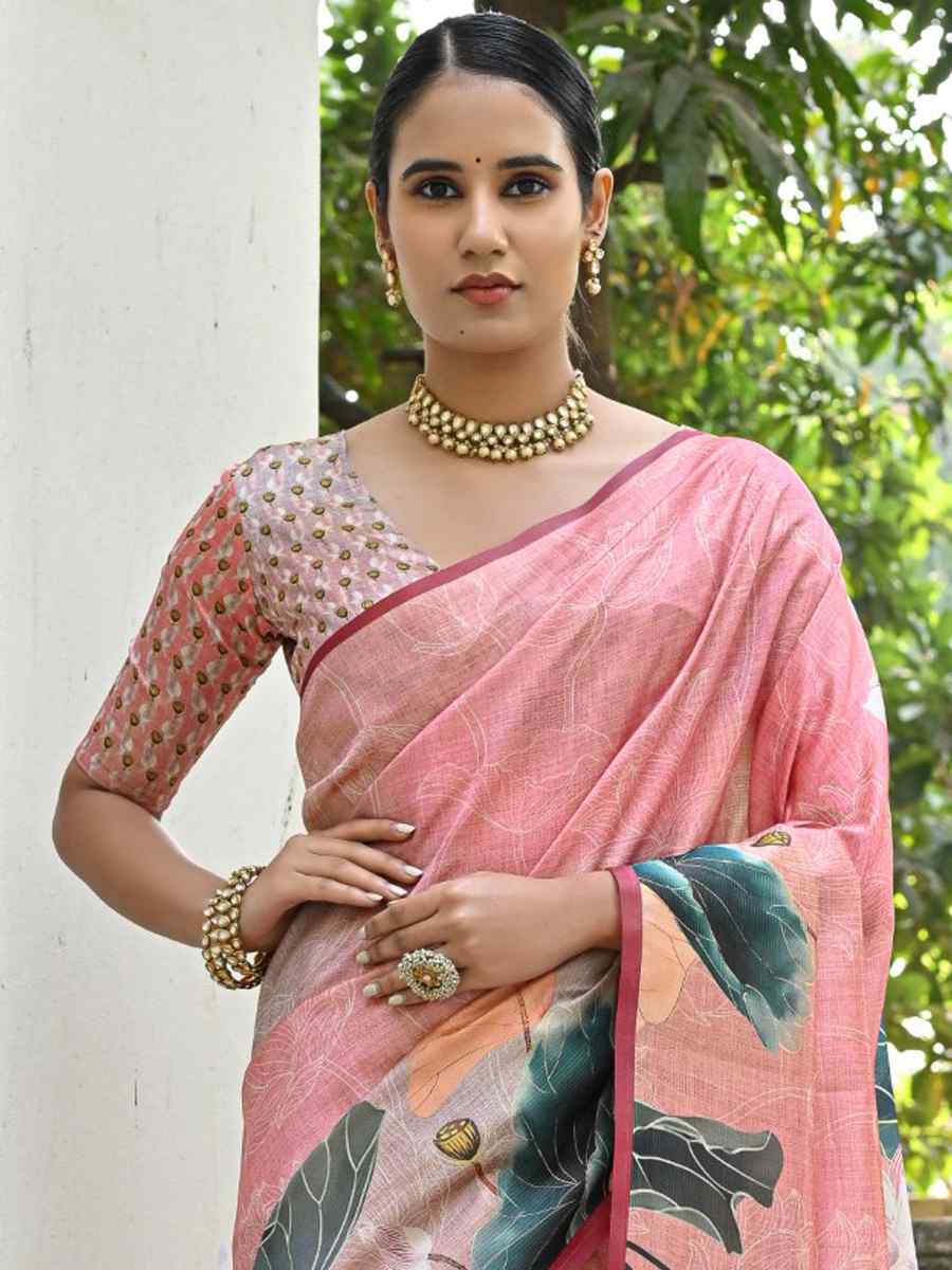 Peach Cotton Silk Printed Festival Casual Contemporary Saree