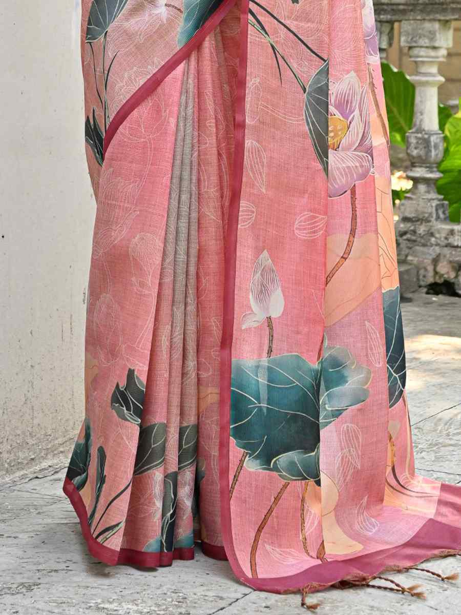 Peach Cotton Silk Printed Festival Casual Contemporary Saree