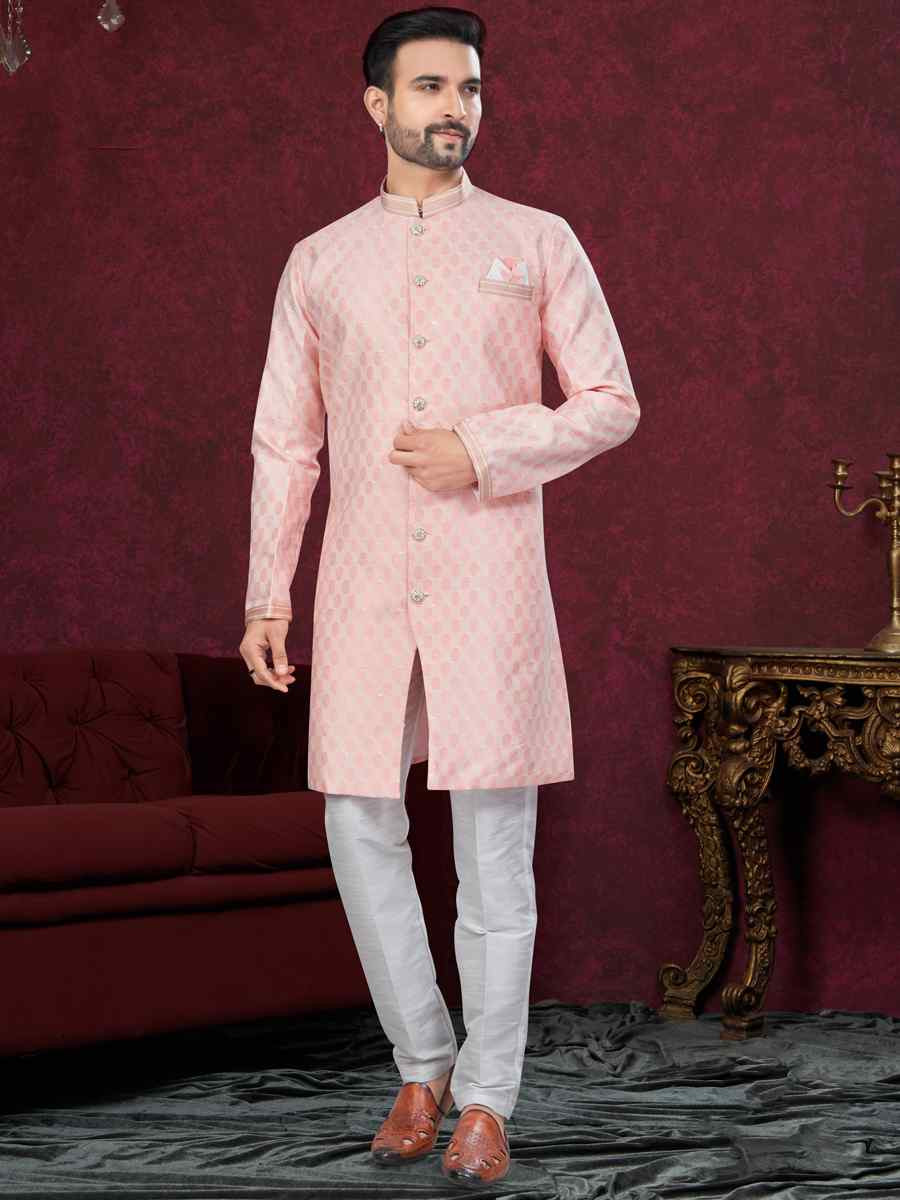 Peach Cream Silk Dupion Embroidered Festival Wedding Sherwani