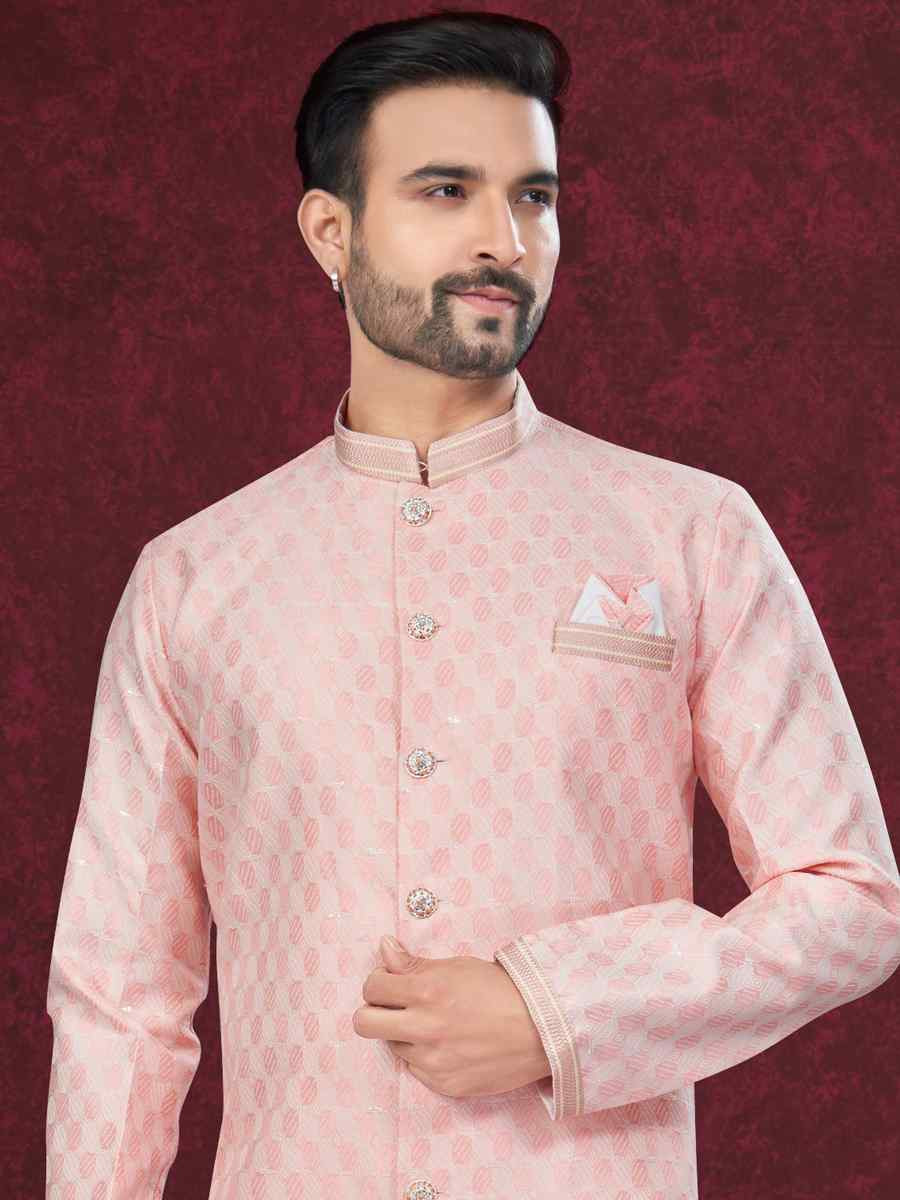 Peach Cream Silk Dupion Embroidered Festival Wedding Sherwani