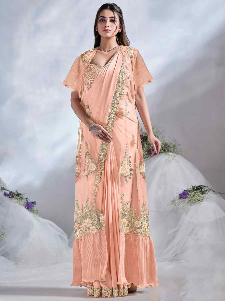 Peach Crepe Satin Silk Embroidered Reception Wedding Heavy Border Saree