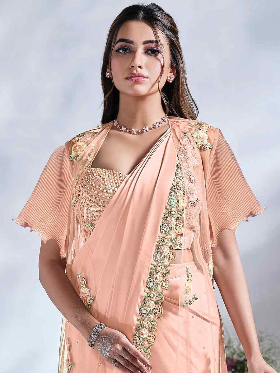 Peach Crepe Satin Silk Embroidered Reception Wedding Heavy Border Saree