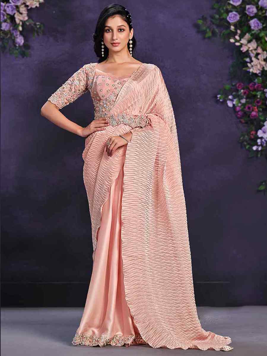 Peach Crepe Satin Silk Embroidered Wedding Party Heavy Border Saree