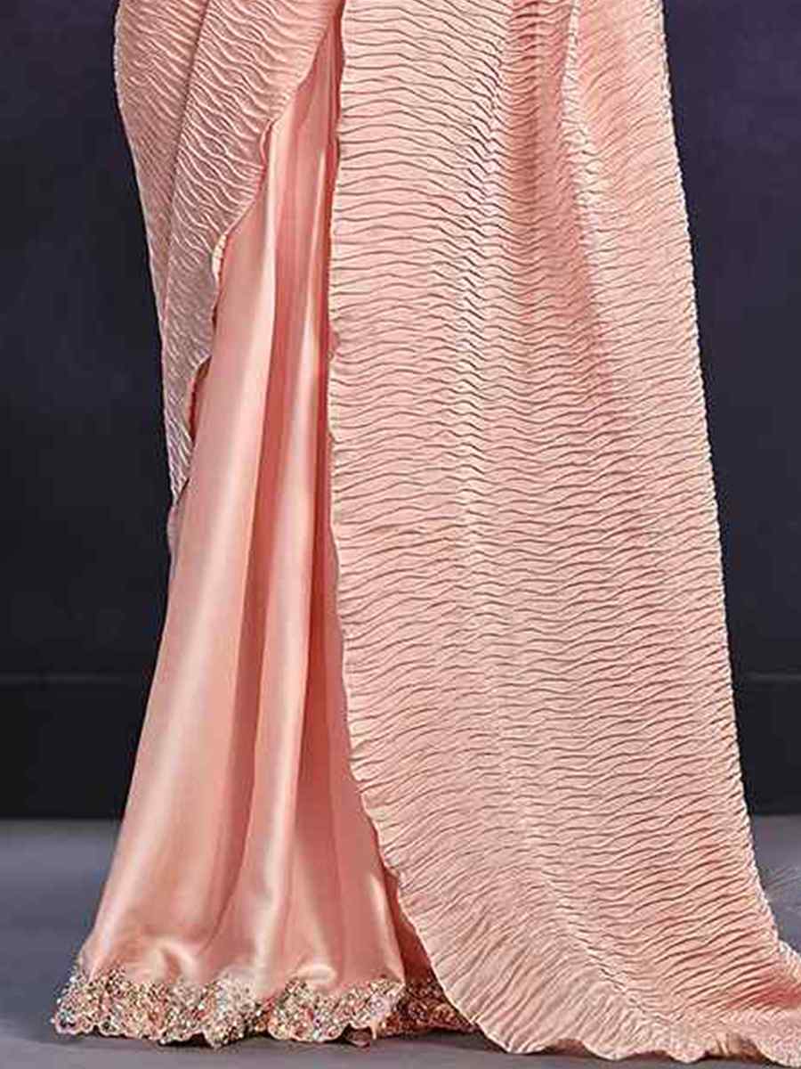 Peach Crepe Satin Silk Embroidered Wedding Party Heavy Border Saree