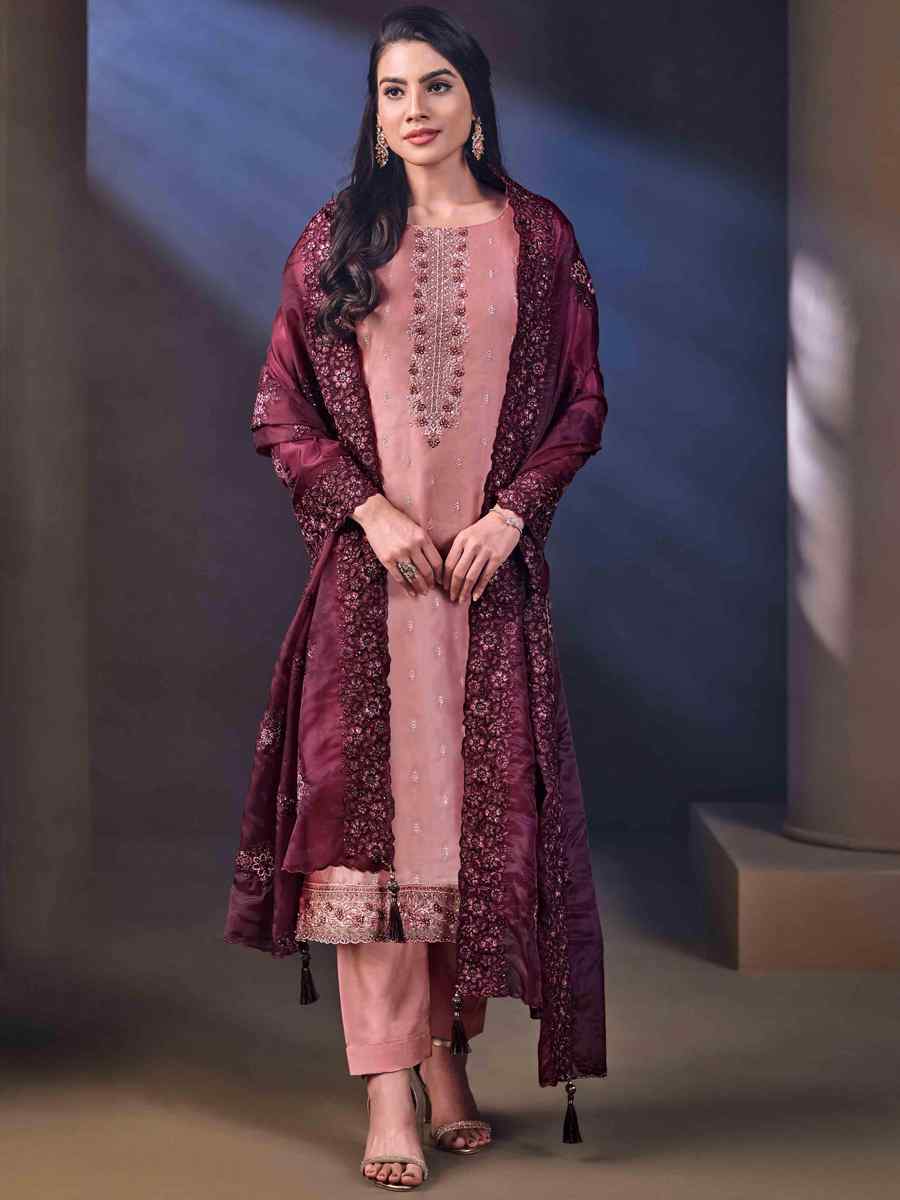 Peach Crystal Organza Embroidered Festival Casual Ready Pant Salwar Kameez