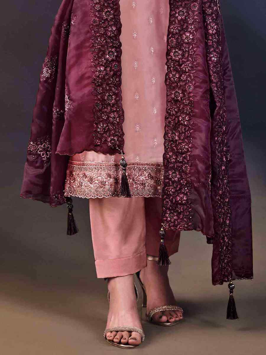 Peach Crystal Organza Embroidered Festival Casual Ready Pant Salwar Kameez