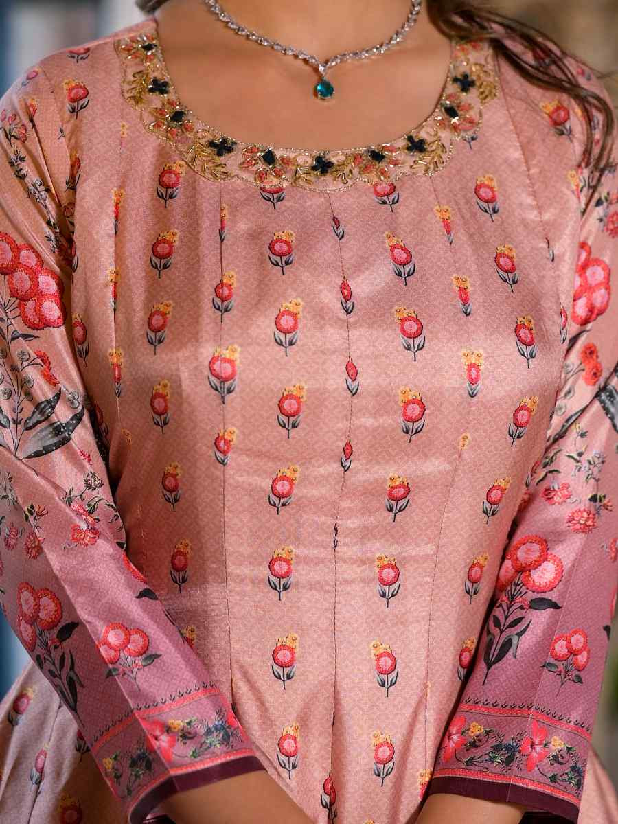 Peach Dola Silk Printed Festival Casual Gown