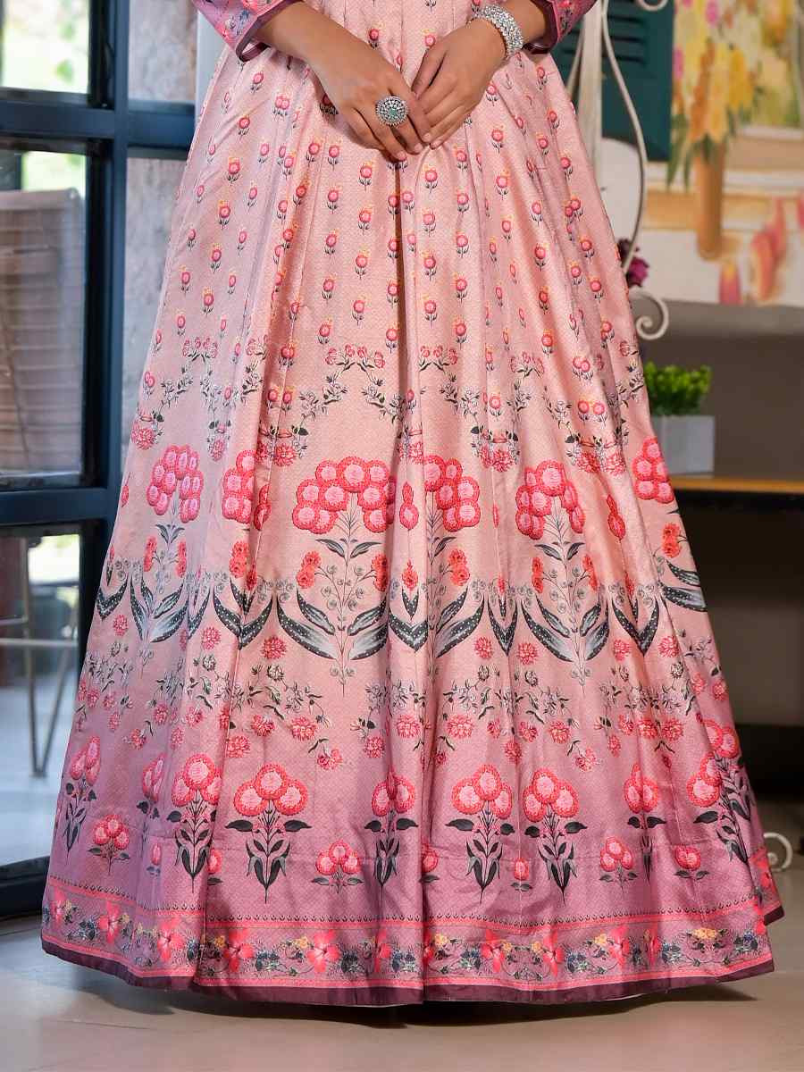 Peach Dola Silk Printed Festival Casual Gown