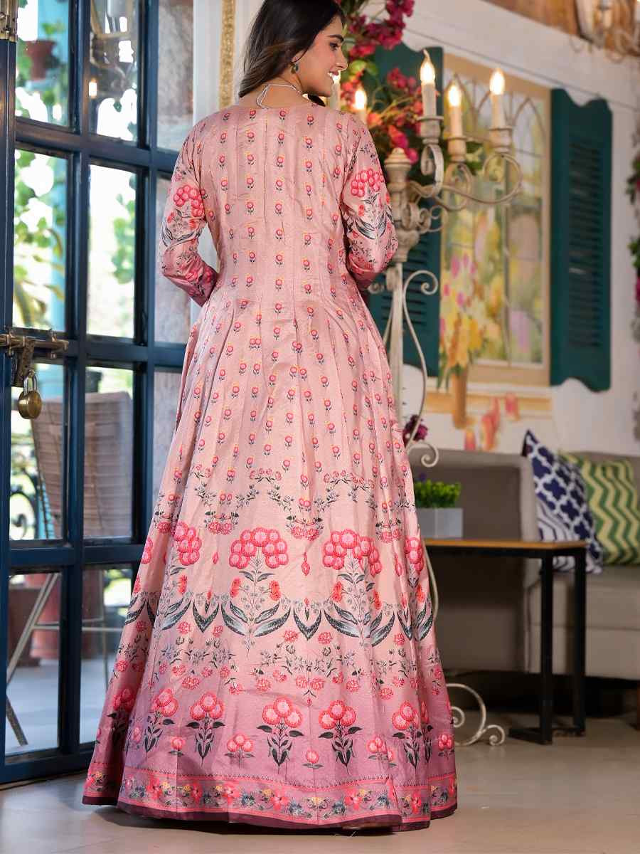 Peach Dola Silk Printed Festival Casual Gown