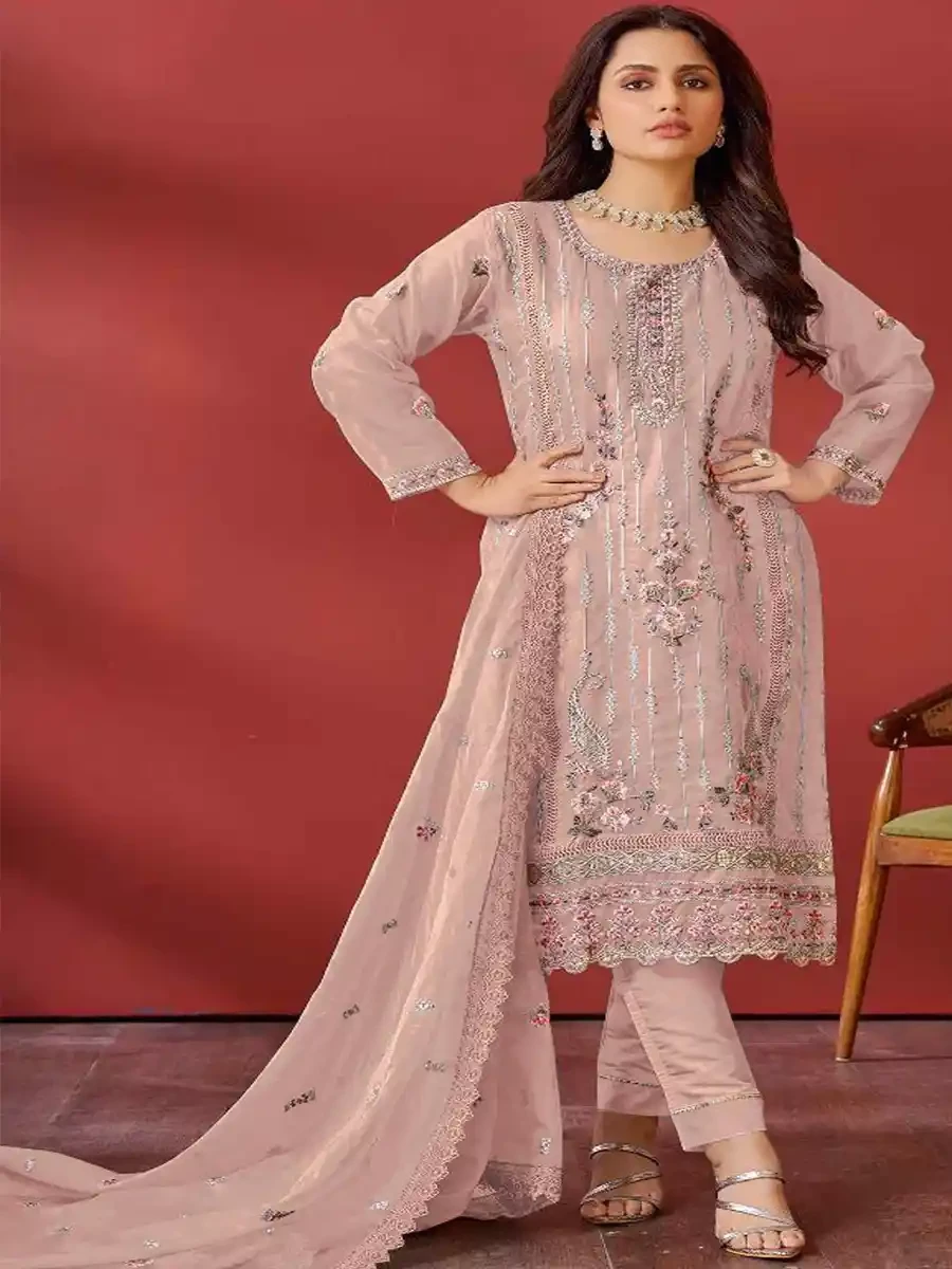 Peach Faux Georgette Embroidered Festival Casual Pant Salwar Kameez