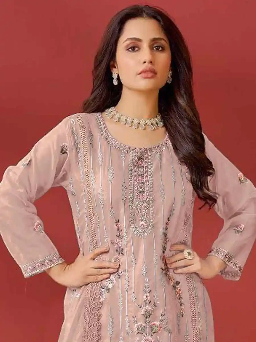 Peach Faux Georgette Embroidered Festival Casual Pant Salwar Kameez