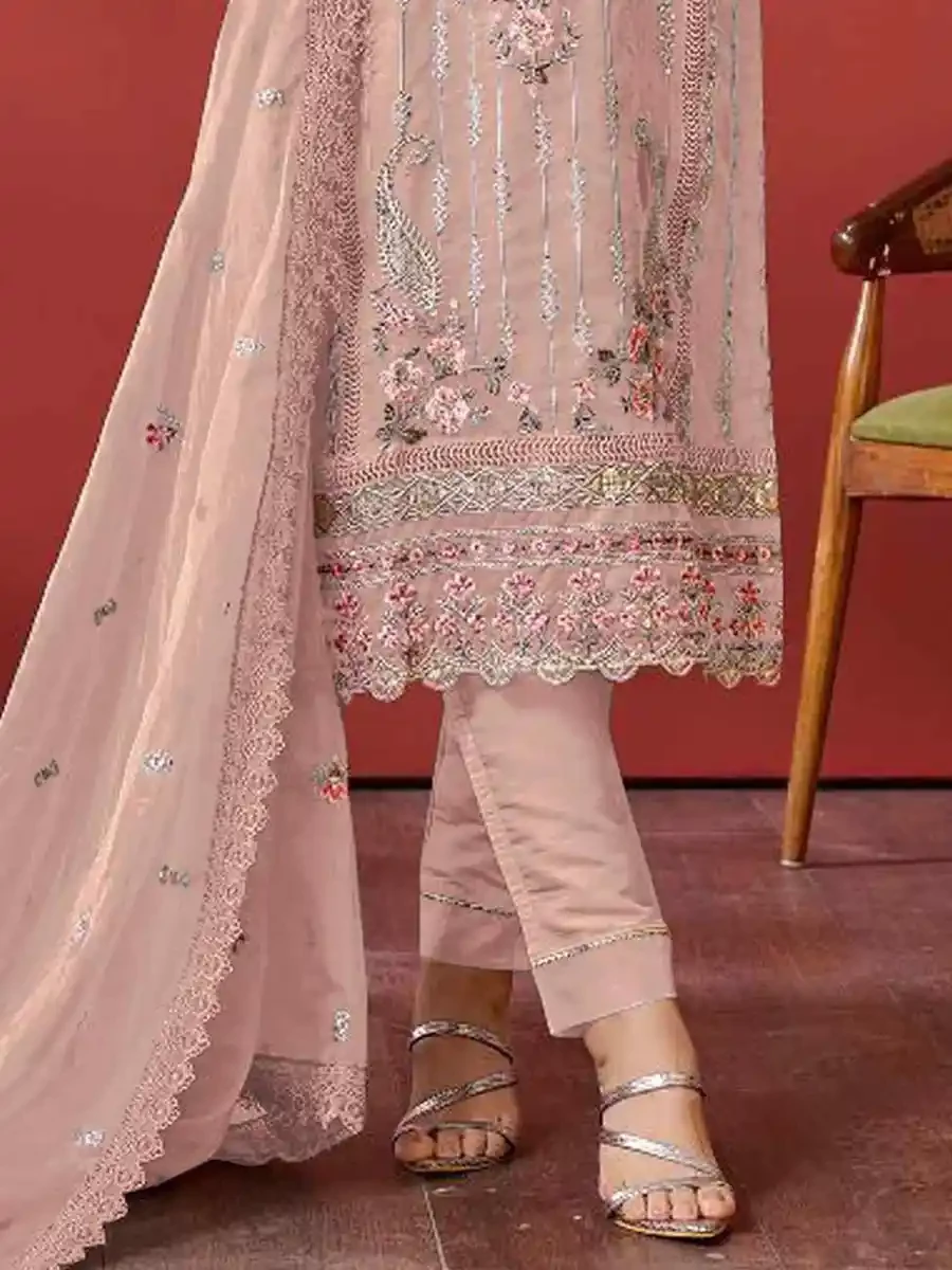 Peach Faux Georgette Embroidered Festival Casual Pant Salwar Kameez