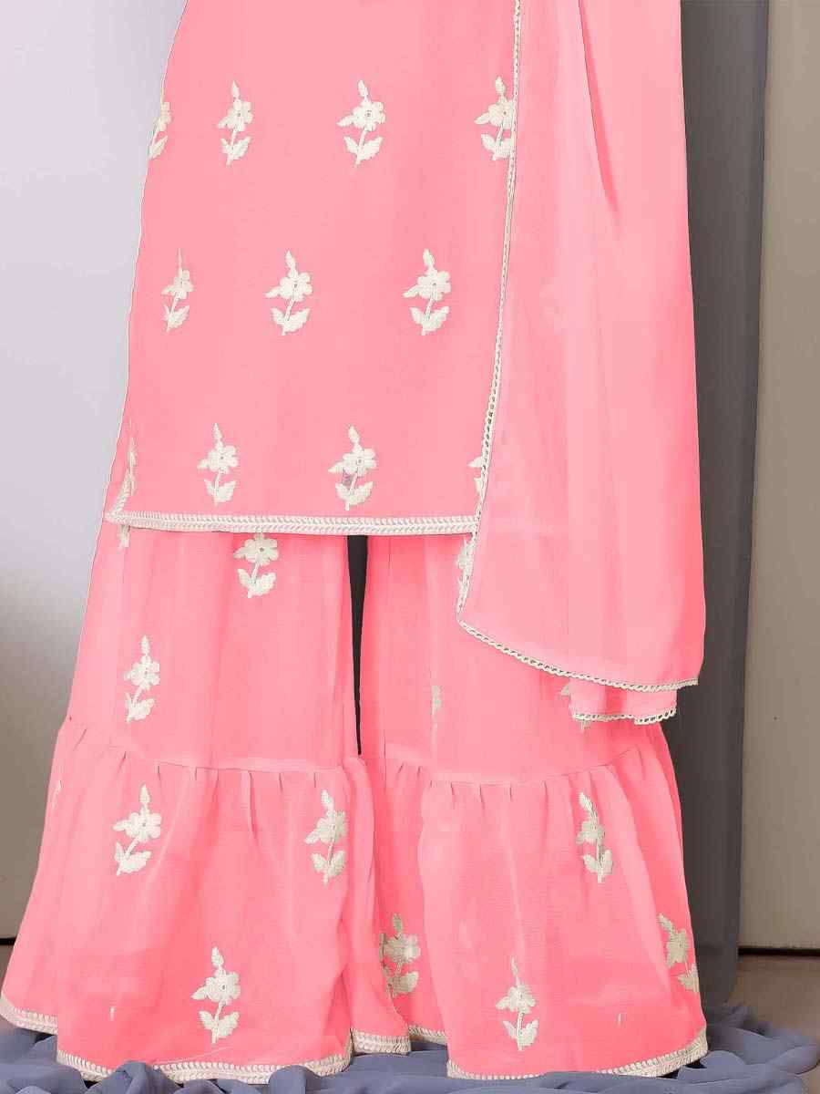 Peach Faux Georgette Embroidered Festival Casual Ready Sharara Pant Salwar Kameez