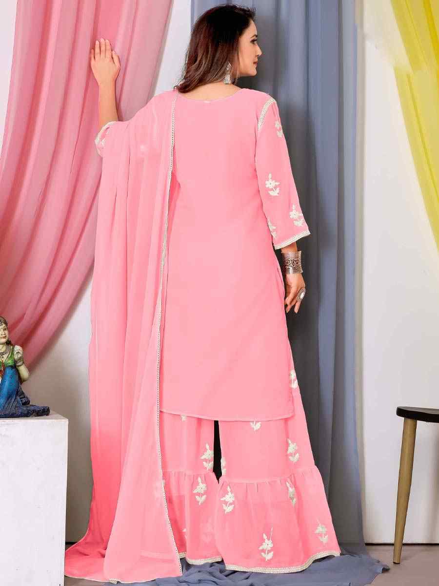 Peach Faux Georgette Embroidered Festival Casual Ready Sharara Pant Salwar Kameez