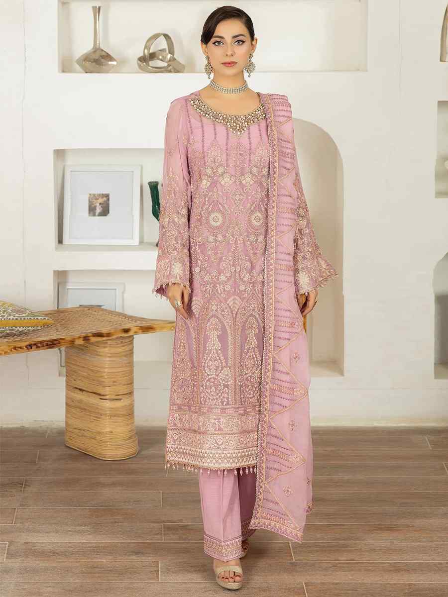 Peach Faux Georgette Embroidered Festival Mehendi Pant Salwar Kameez