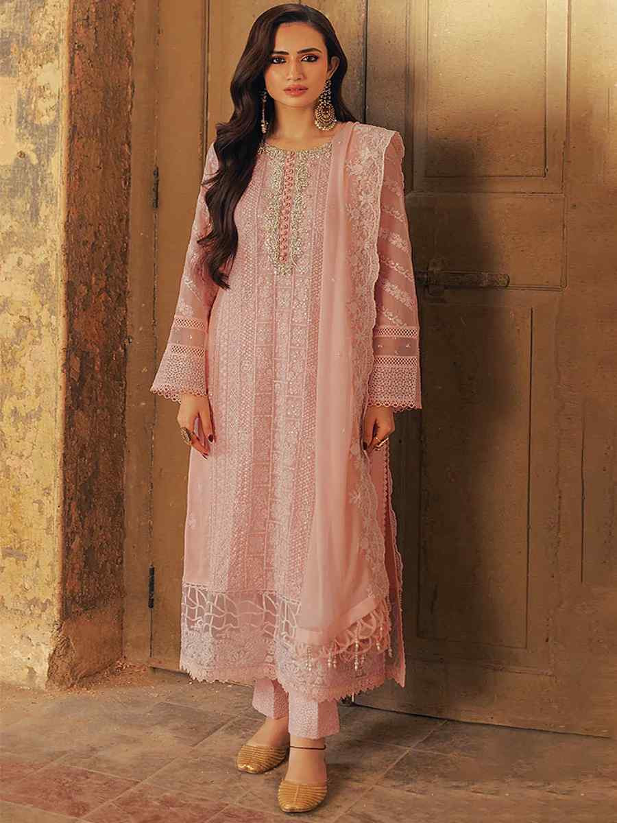 Peach Faux Georgette Embroidered Festival Wedding Pant Salwar Kameez