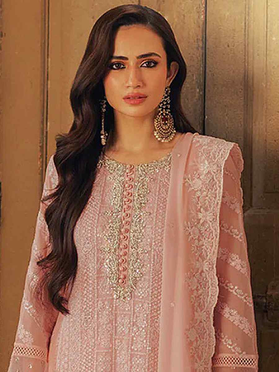 Peach Faux Georgette Embroidered Festival Wedding Pant Salwar Kameez