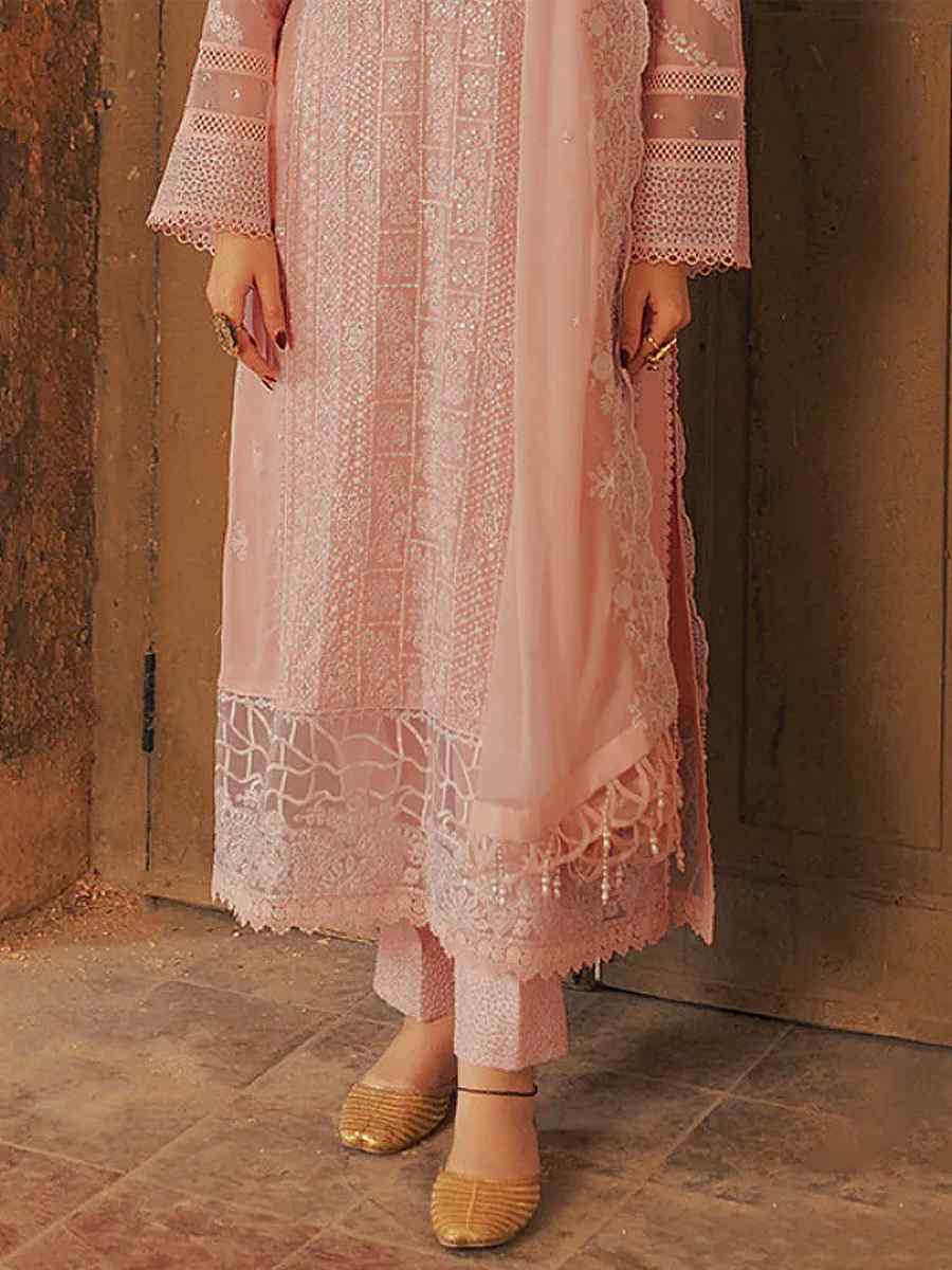 Peach Faux Georgette Embroidered Festival Wedding Pant Salwar Kameez