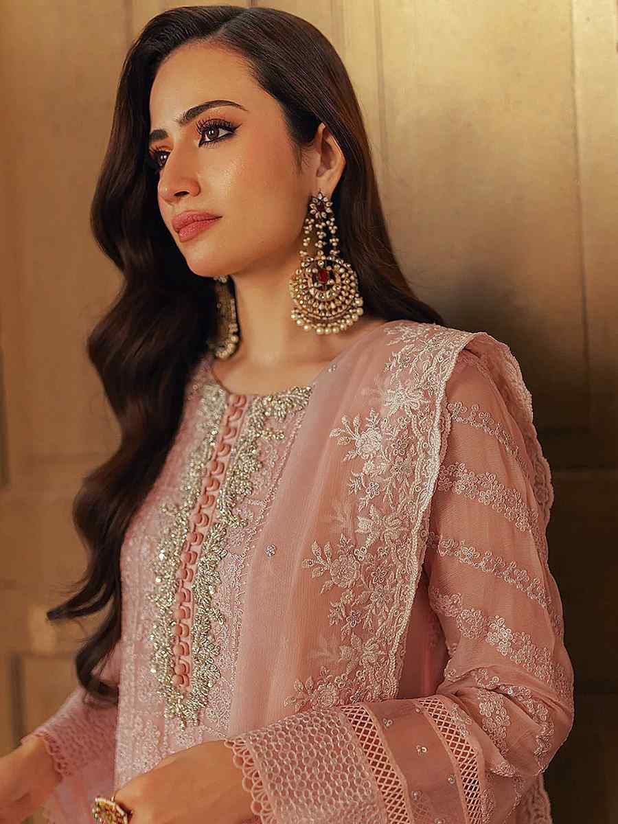 Peach Faux Georgette Embroidered Festival Wedding Pant Salwar Kameez