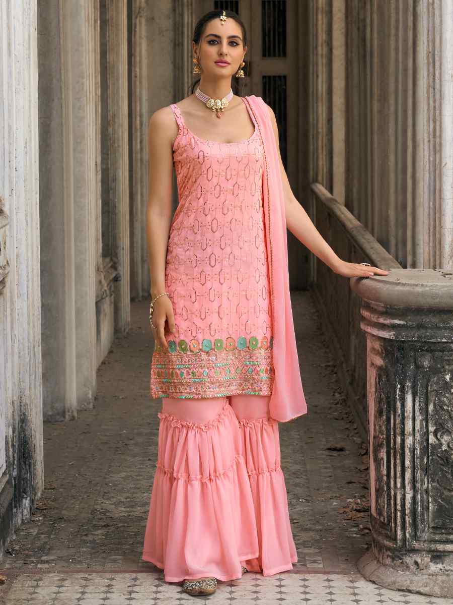 Peach Faux Georgette Embroidered Wedding Festival Sharara Pant Salwar Kameez