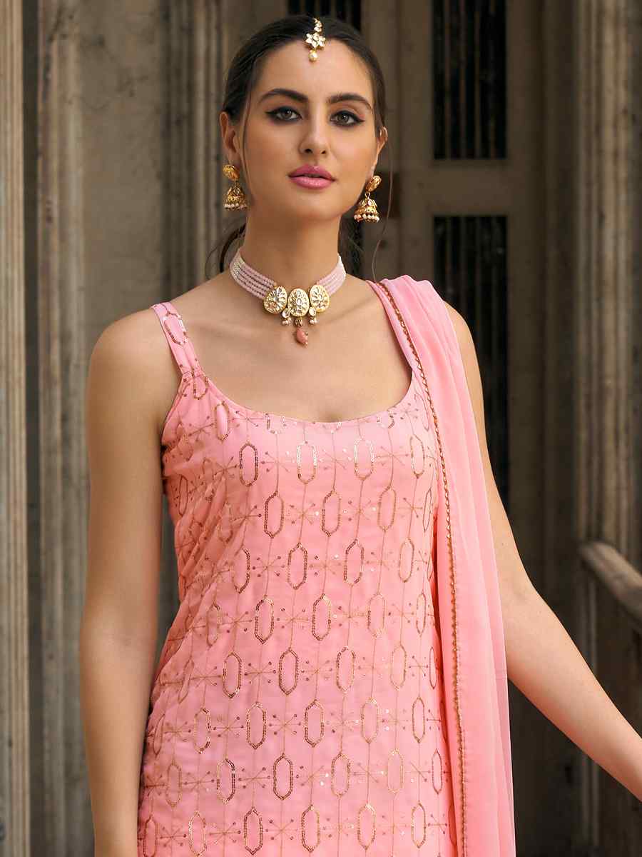 Peach Faux Georgette Embroidered Wedding Festival Sharara Pant Salwar Kameez