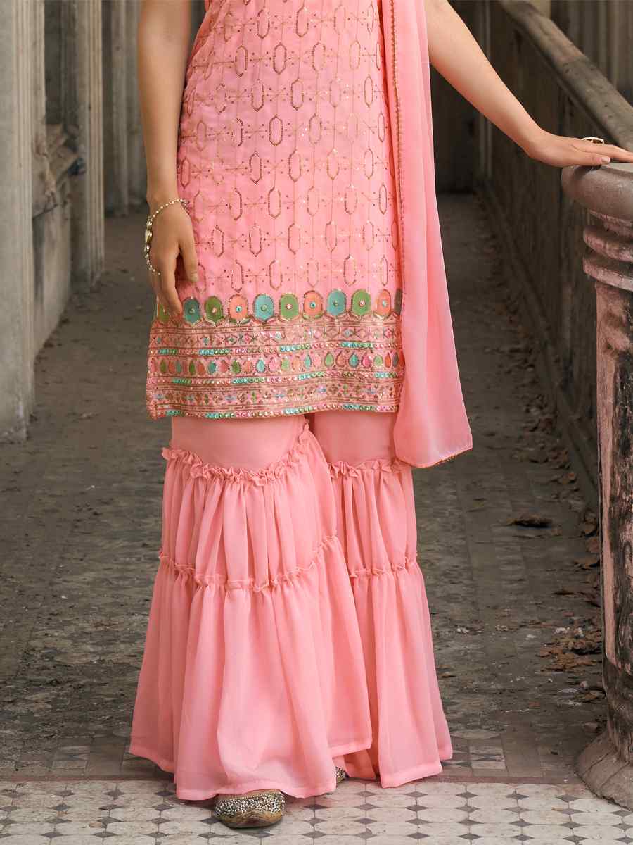 Peach Faux Georgette Embroidered Wedding Festival Sharara Pant Salwar Kameez