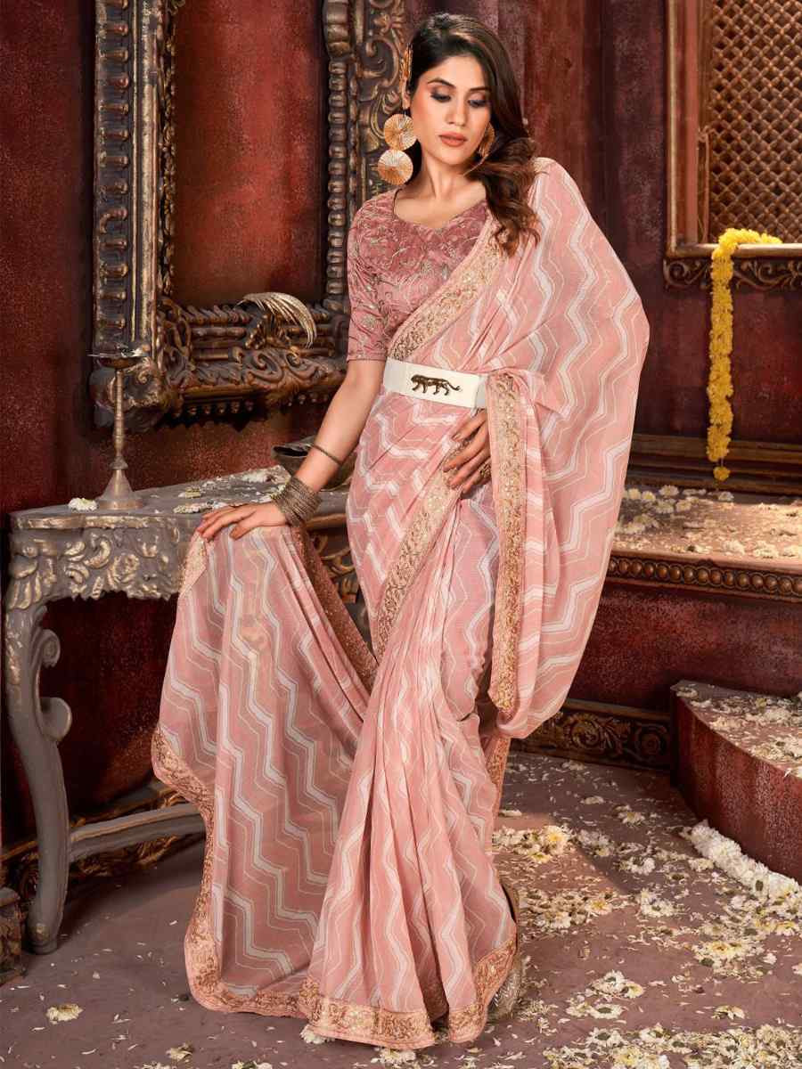 Peach Georgette Embroidered Festival Party Classic Style Saree