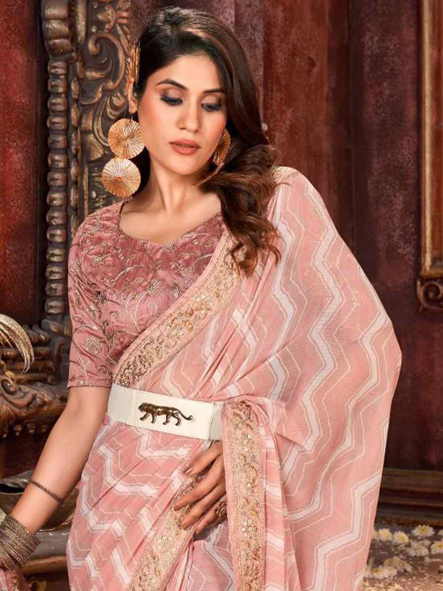 Peach Georgette Embroidered Festival Party Classic Style Saree